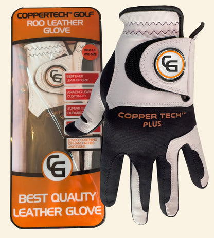 EXCITING NEW ROO LEATHER COPPERTECH PLUS ELITE WHITE/BLACK GOLF GLOVE